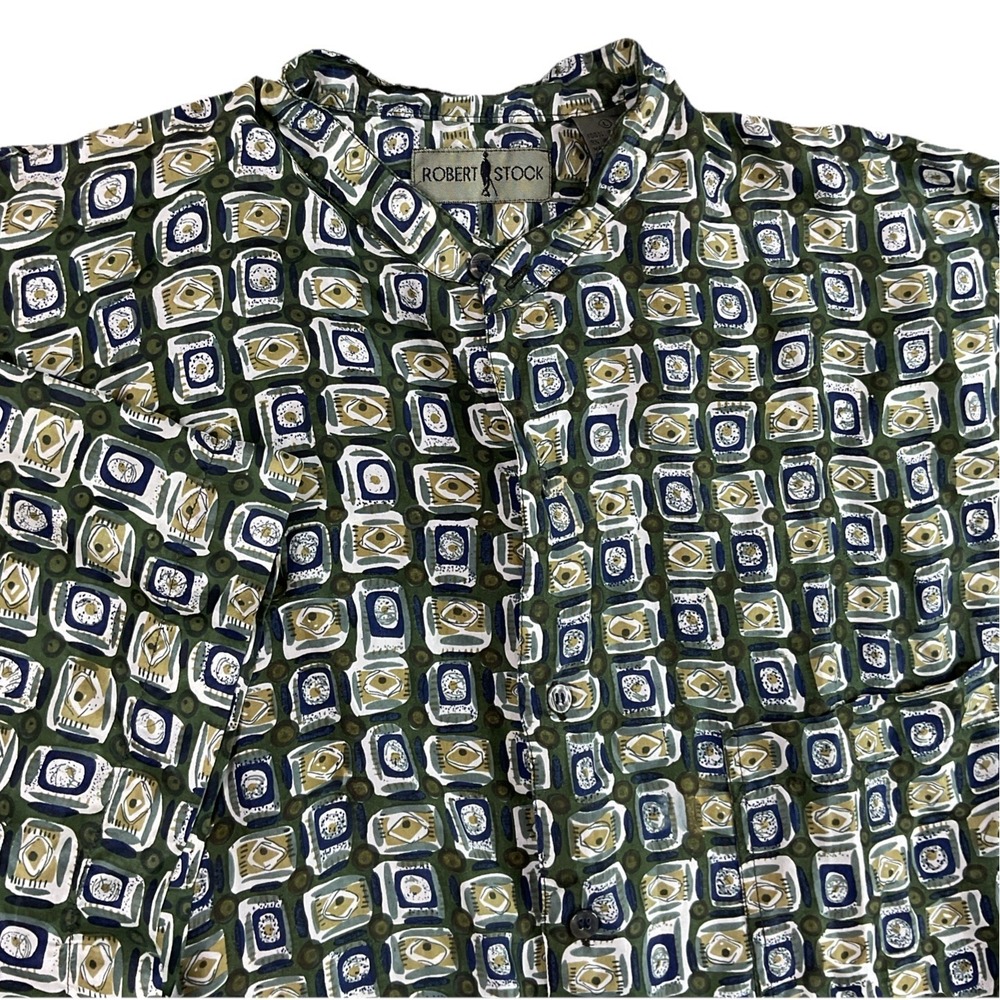 Robert Stock Silk Shirt Mens L Abstract Geometric Art‎ 90s Short Sleeve Vintage